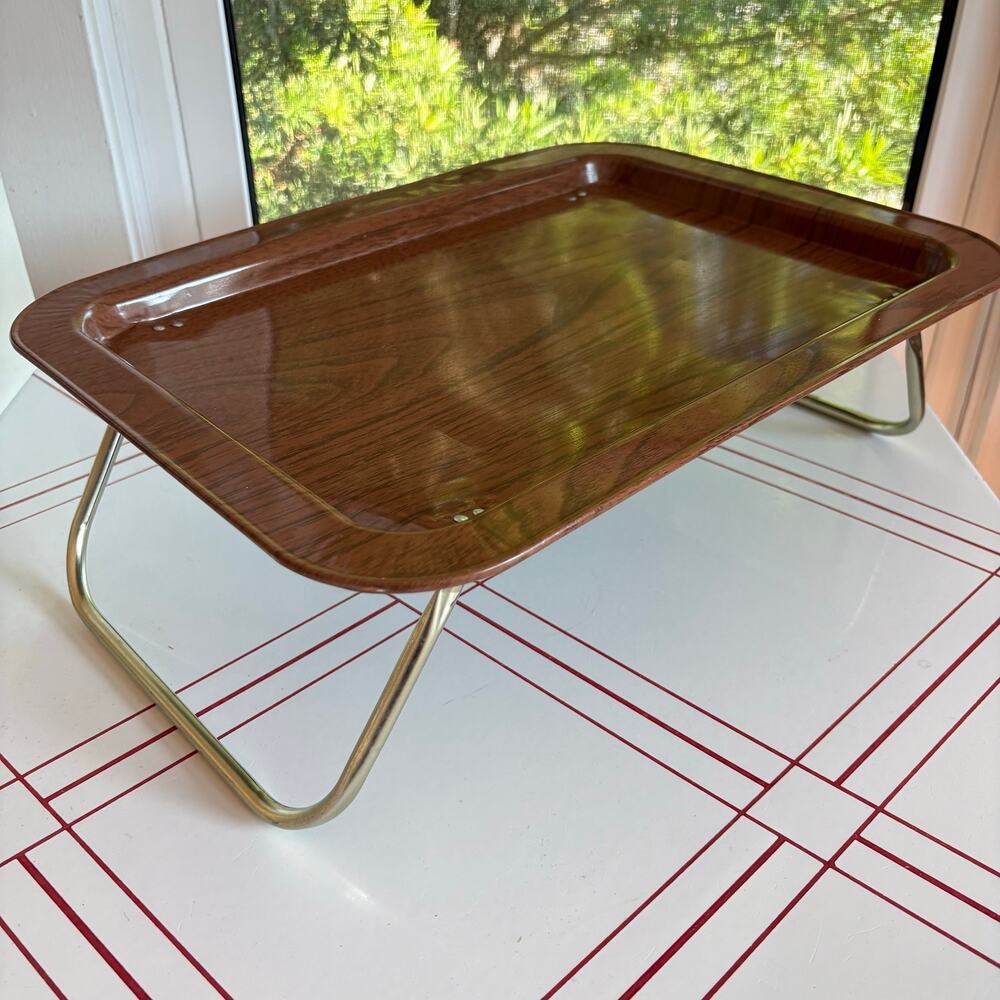 Vintage Faux Bois Metal Folding Lap Tray Gold Tone Legs MCM